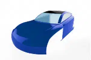 A blue car is shown with the hood up.