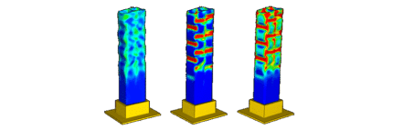 Three different views of a pillar with various colors.