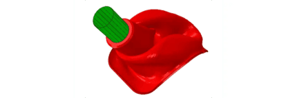 A red bowl with a green handle on top of it.