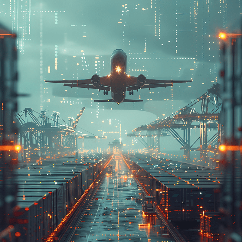 A plane flying over a city with trains and cargo.