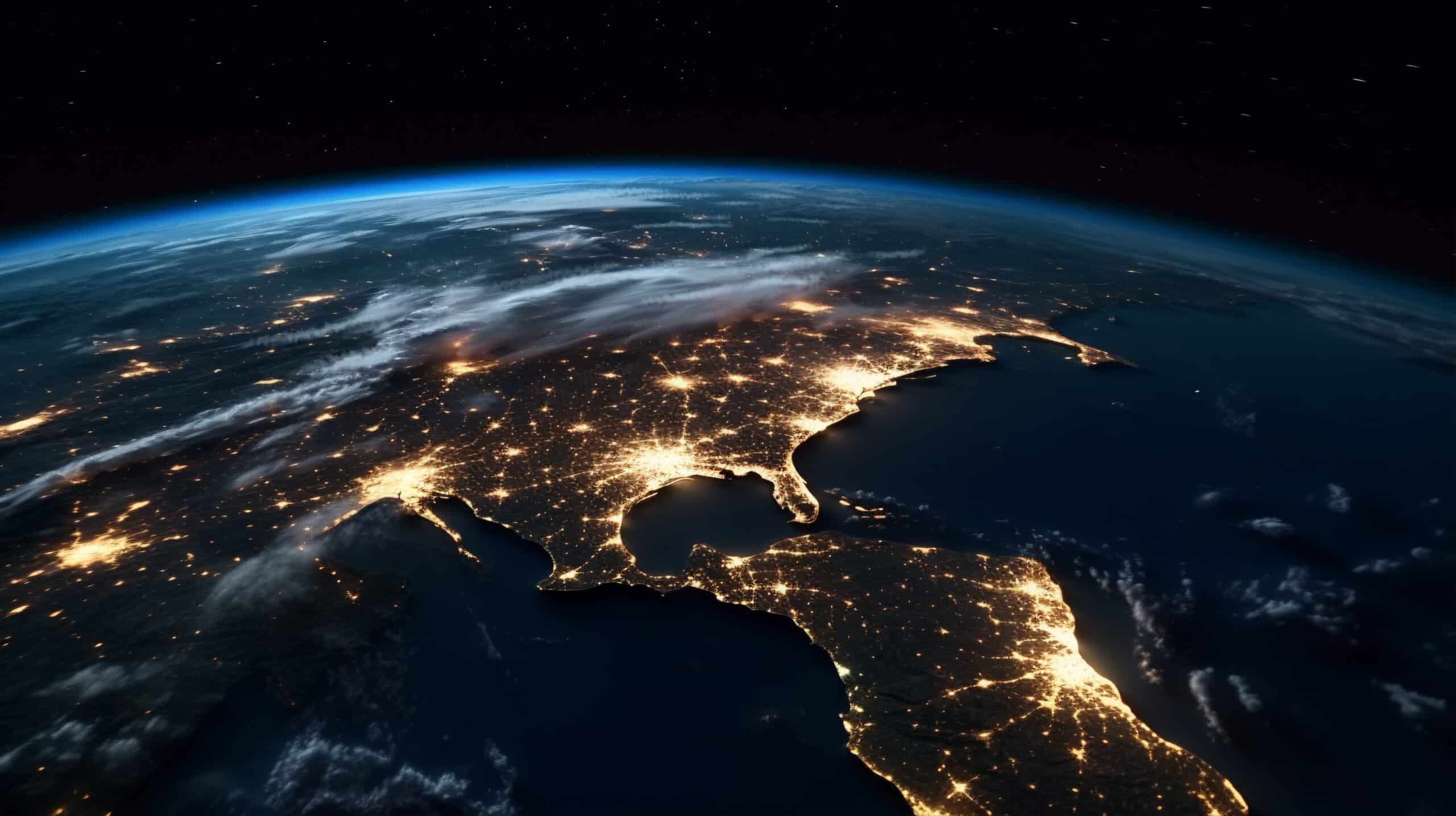 A view of the earth at night from space.