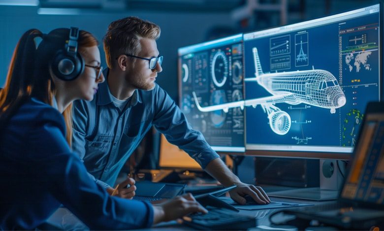 Engineers analyzing aircraft design on computer screens.