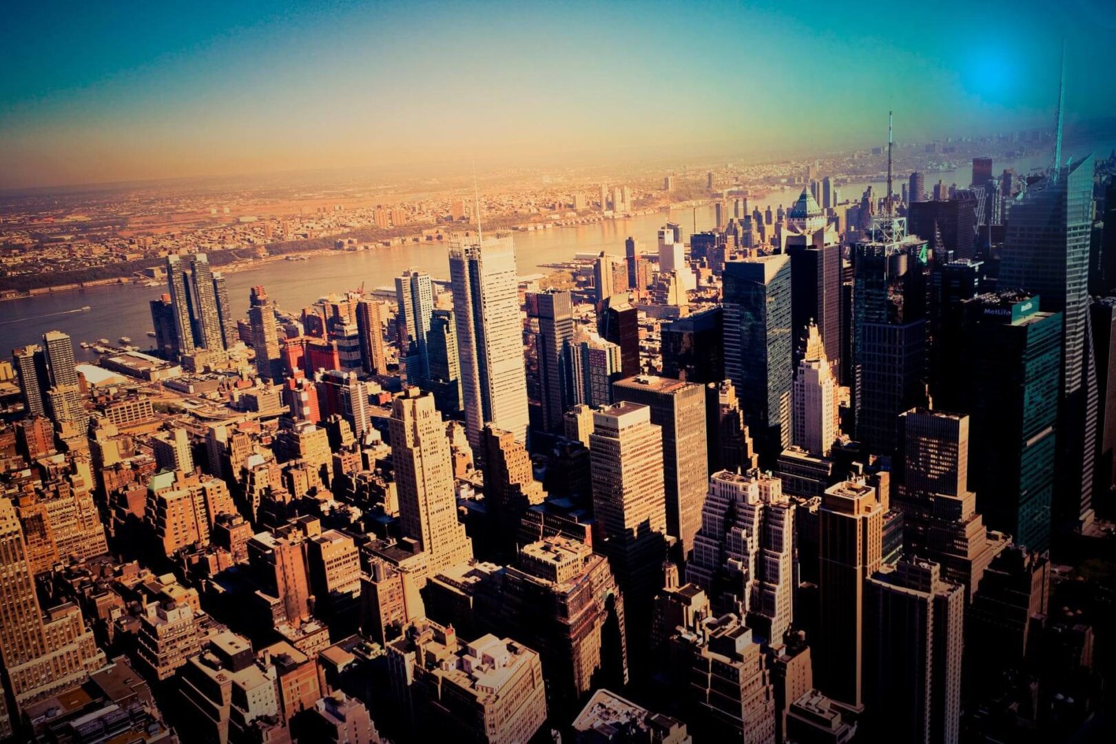 Aerial view of Manhattan skyline at sunset