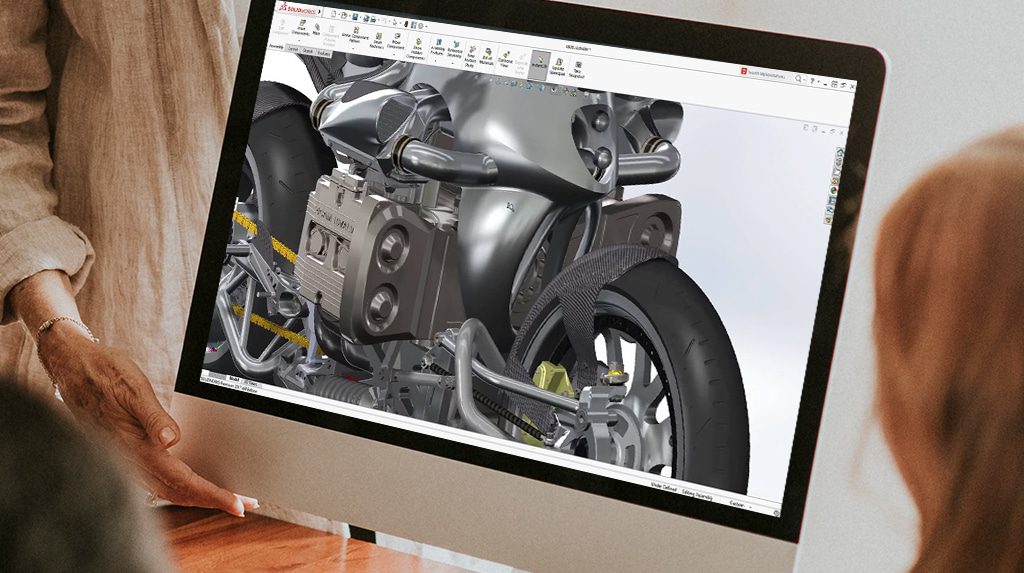 Computer screen showing 3D motorcycle CAD model