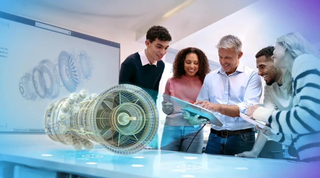 Engineers reviewing 3D jet engine holographic model