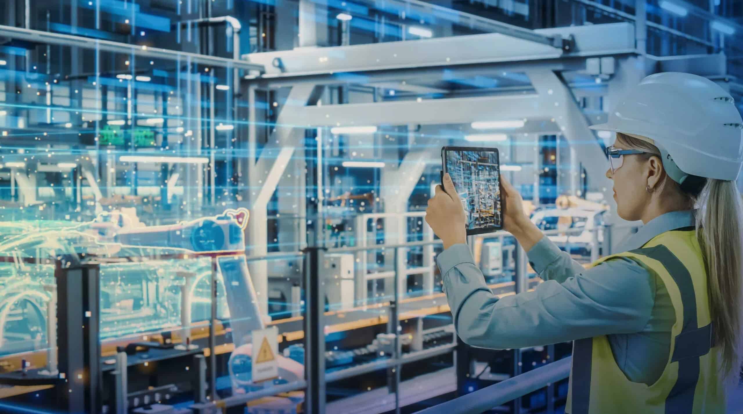 Engineer inspecting automated factory with tablet