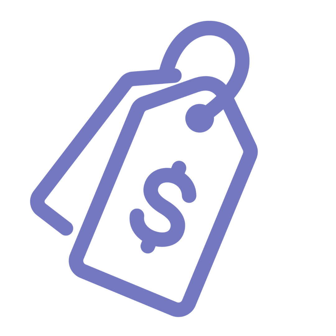 Two purple price tags with dollar sign