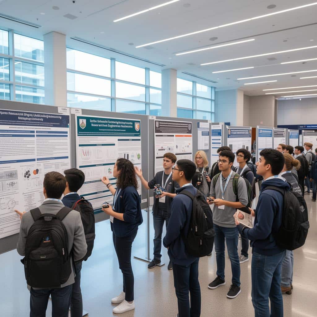 Students viewing academic research posters at conference