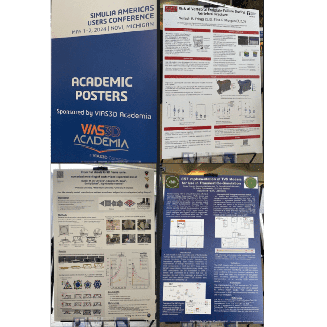 Academic conference poster board with four research posters