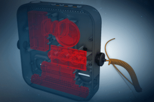 A red image of an electrical device with wires attached.