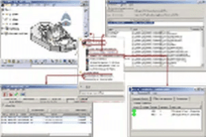 Software interface windows connected by red arrows