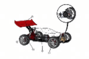 A car with the steering wheel removed and parts labeled.