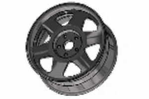 A black wheel with a rim that is slightly bent.