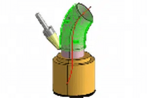 A drawing of a green object with a yellow handle.