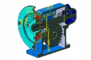 A computer rendering of an engine with the gears and pistons in place.
