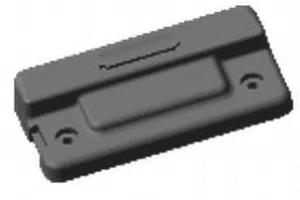 A black plastic object with two holes.