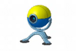 A blue and yellow ball with a camera on it.