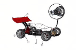 A car with parts labeled and attached to it.