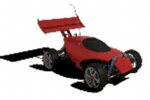 A red toy car with a wing on the back.