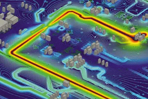 A computer generated image of a city with many buildings.