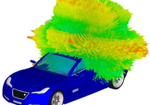 A blue car with green and yellow wheels on top of it.