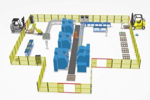 A 3 d rendering of an industrial area with many blue boxes.
