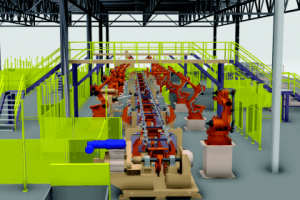 A factory with many robots in it