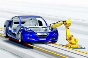 A blue car is being tested by an industrial robot.