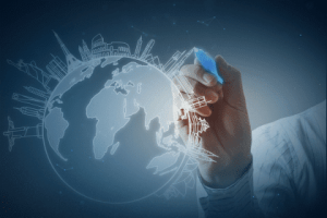 A person is writing on the screen of an interactive whiteboard.