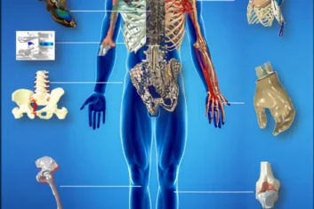 A blue background with various human anatomy images.