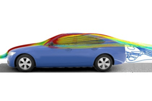 A blue car with many colors on it's body.