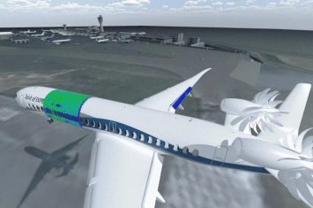 A computer generated image of an airplane on the runway.