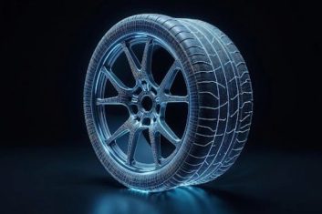 Futuristic digital rendering of a car tire.