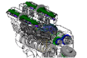 A computer rendering of an engine with green and blue parts.